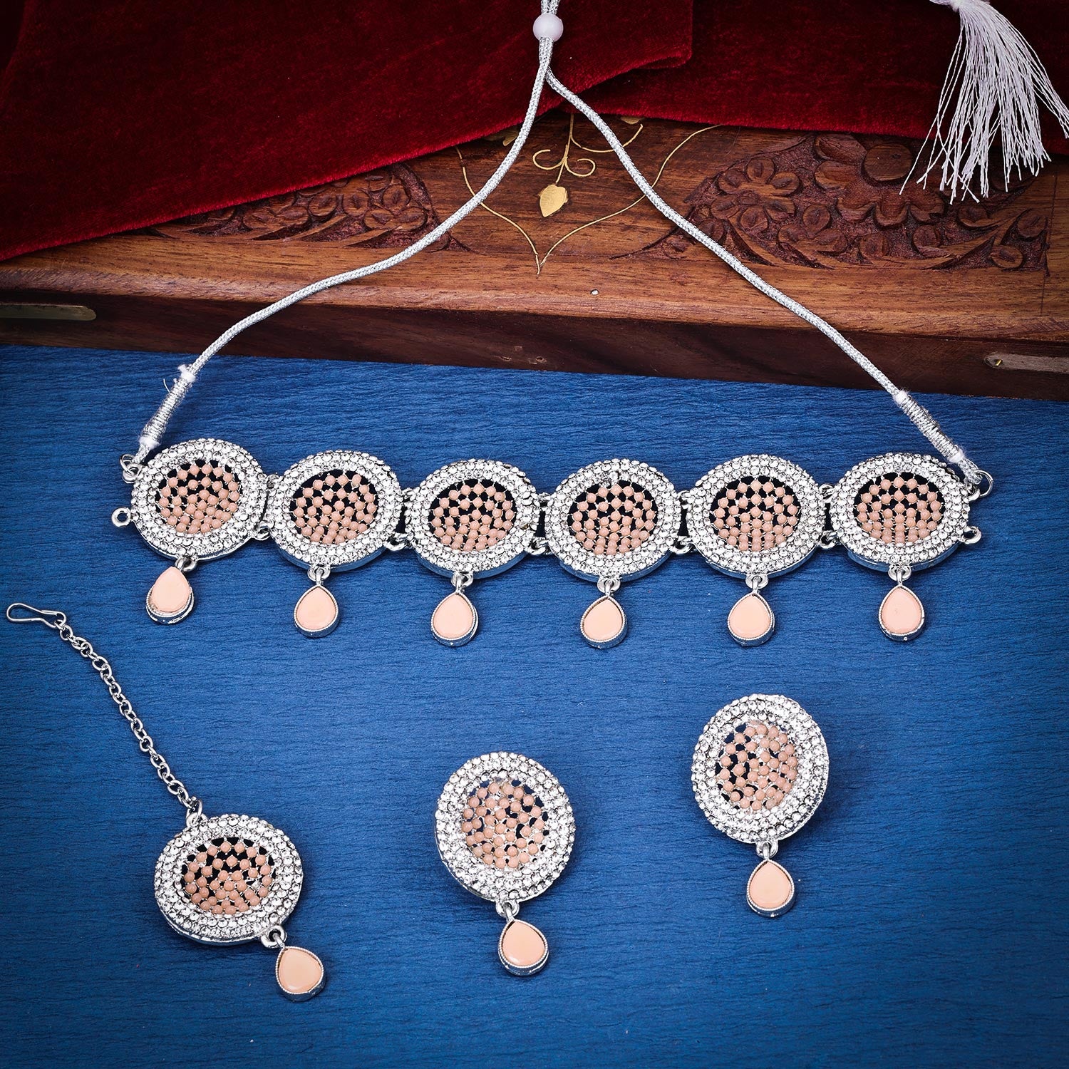 Sukkhi captivating  Pink AD & Pearl Rhodium Plated Choker Necklace Set for Women