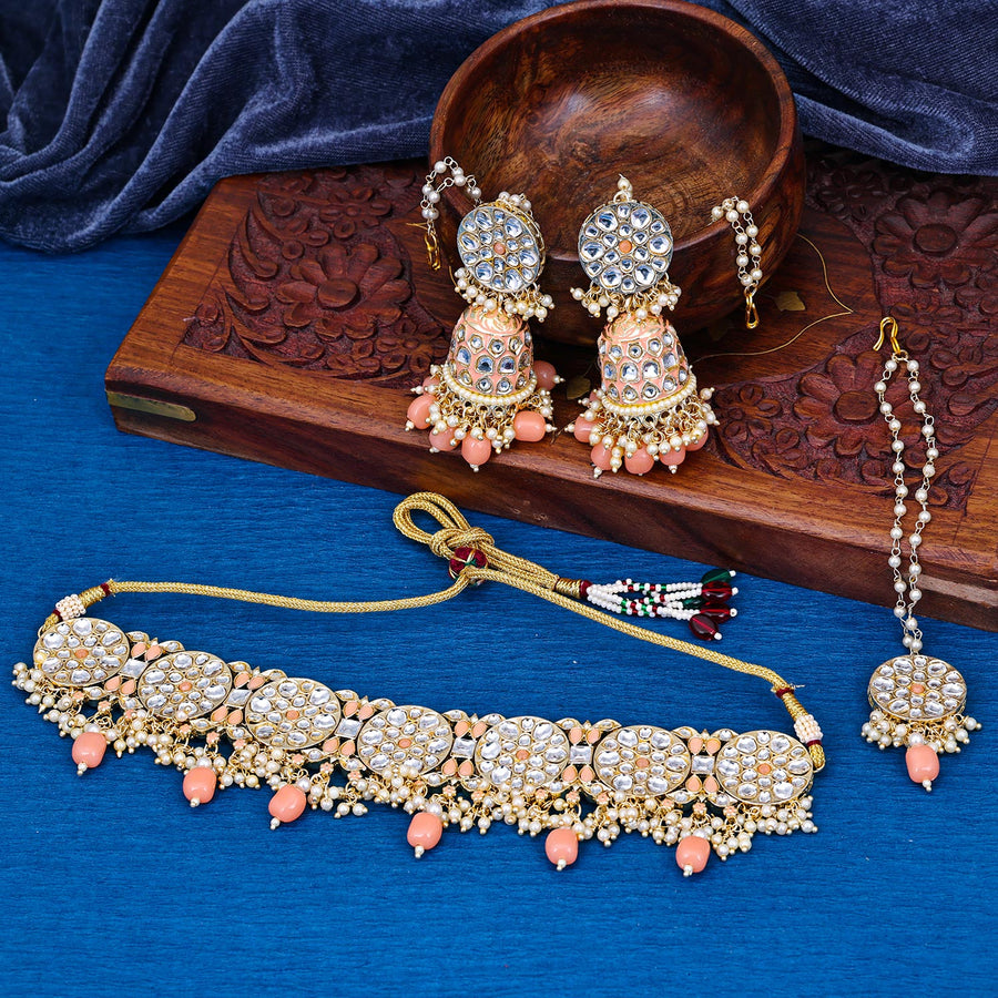 Sukkhi fair  Peach Kundan & Pearl Gold Plated Choker Necklace Set for Women