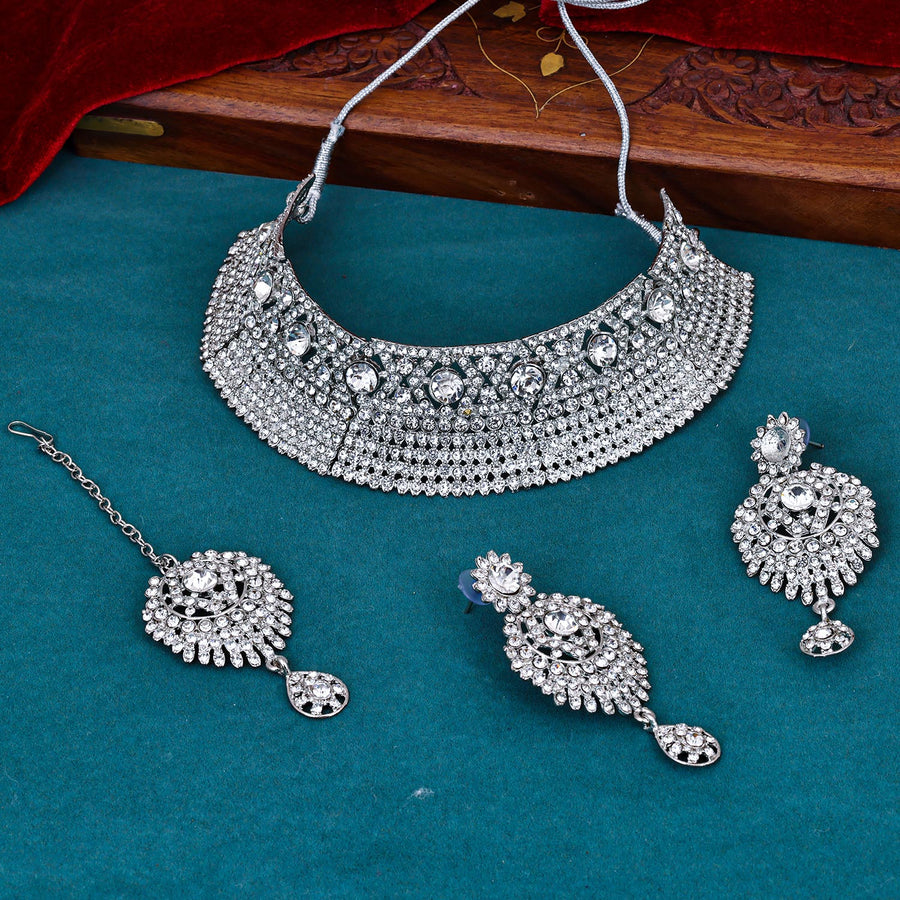 Sukkhi sightly  Silver AD Rhodium Plated Choker Necklace Set for Women