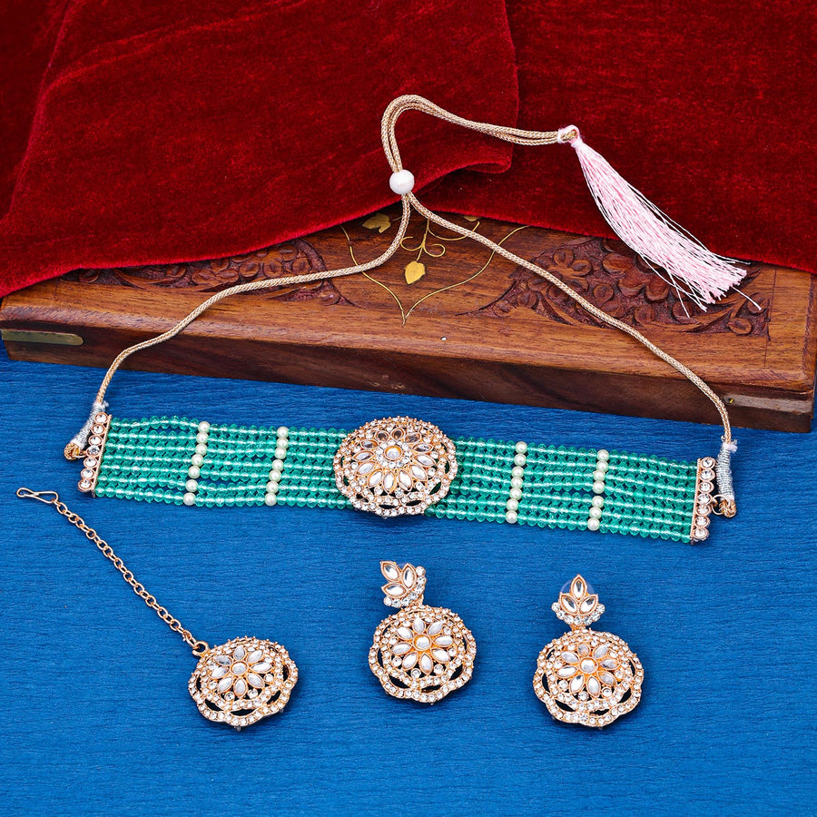 Sukkhi superb Green AD & Pearl Gold Plated Choker Necklace Set for Women