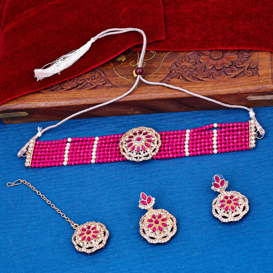 Sukkhi flawless  Pink AD & Pearl Gold Plated Choker Necklace Set for Women