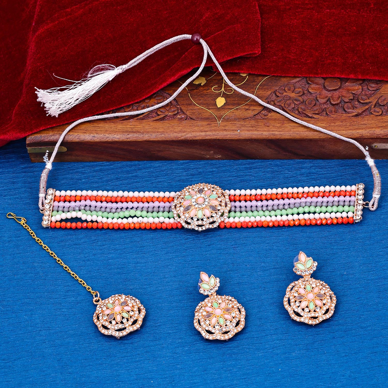 Sukkhi perfect  Multi AD & Pearl Gold Plated Choker Necklace Set for Women