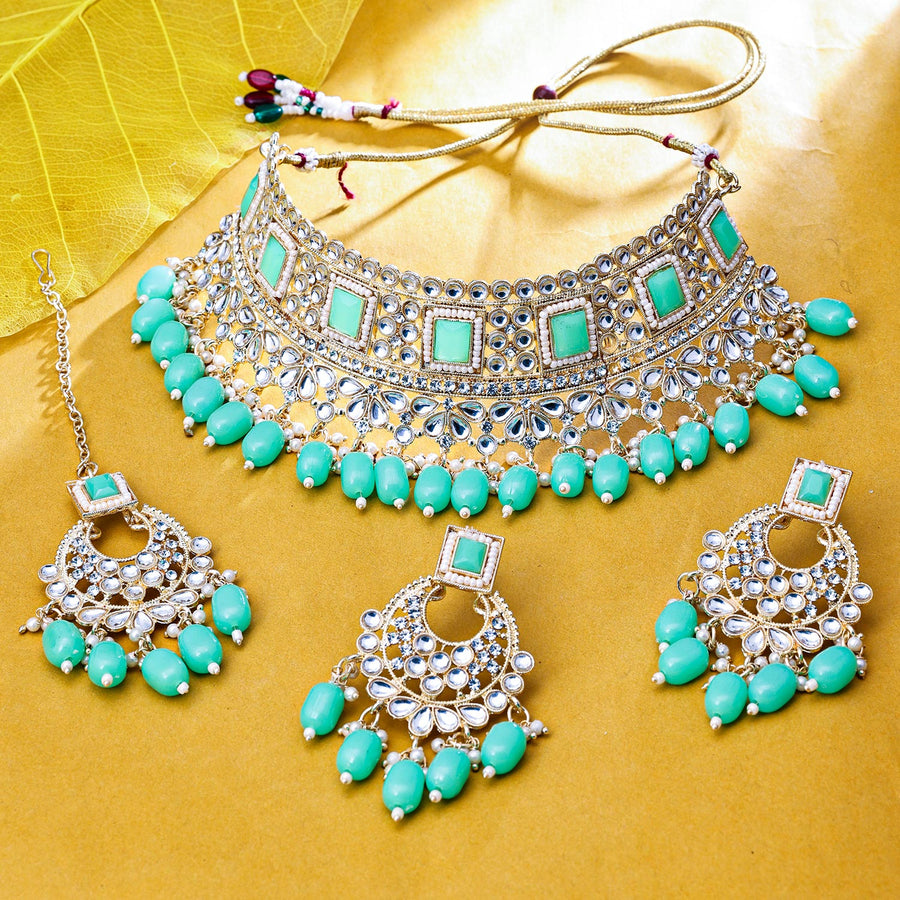 Sukkhi Ethnic Gold Plated Kundan & Pearl Green Necklace Set for Women