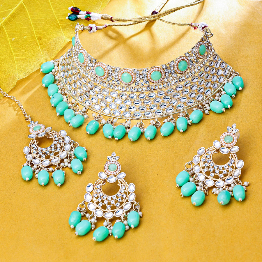 Sukkhi Delightful Gold Plated Kundan & Pearl Green Necklace Set for Women