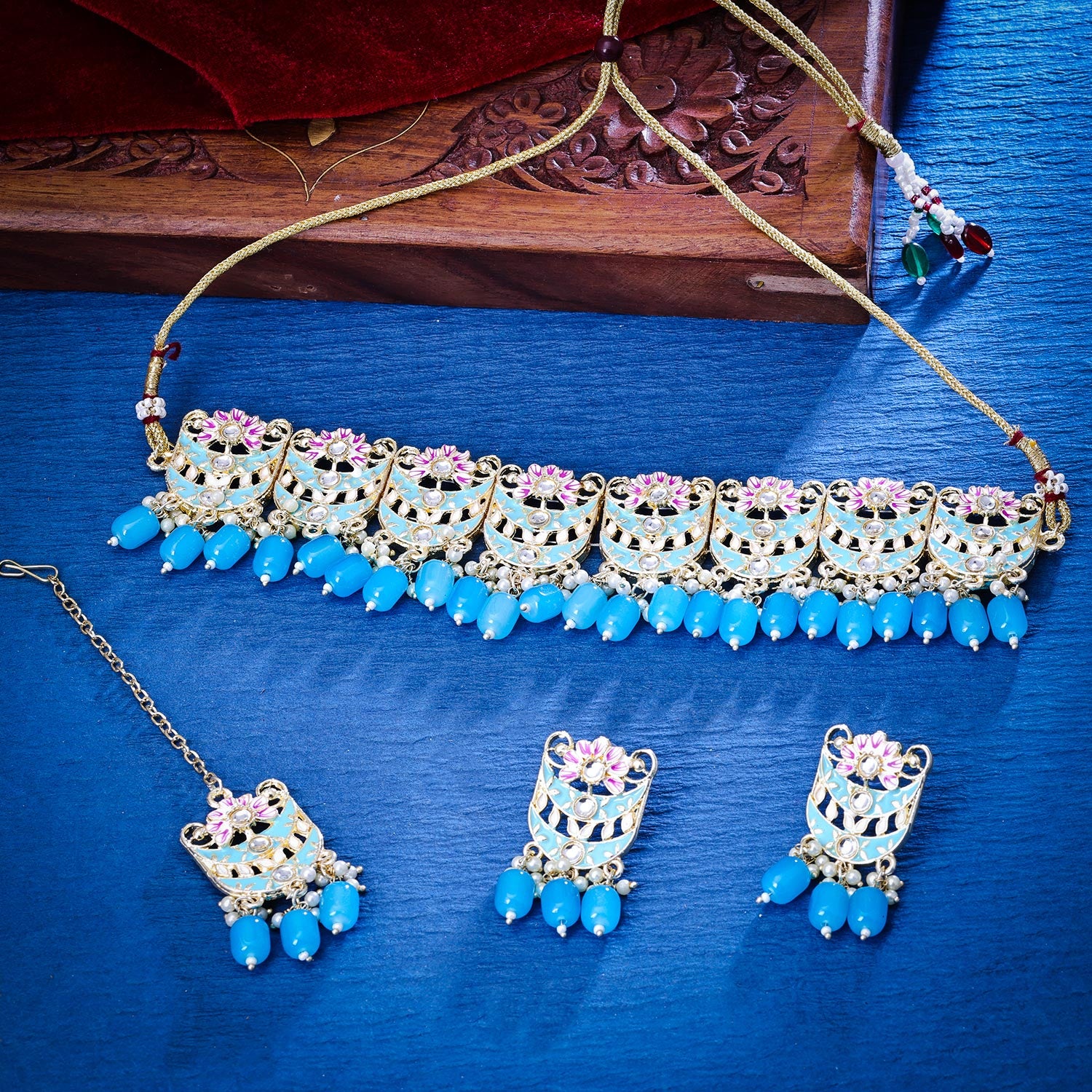 Sukkhi Modern Gold Plated Kundan & Pearl Blue Necklace Set for Women