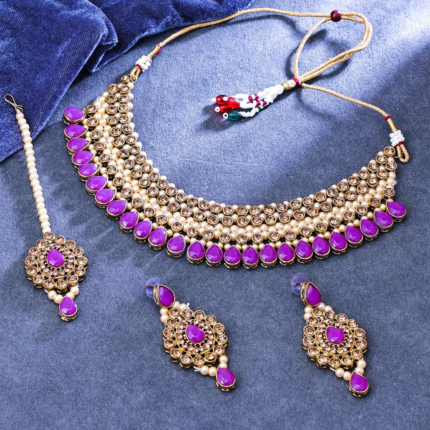 Sukkhi Elegant Gold Plated Reverse AD & Pearl Purple Necklace Set for Women