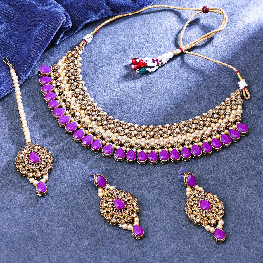 Sukkhi Elegant Gold Plated Reverse AD & Pearl Purple Necklace Set for Women