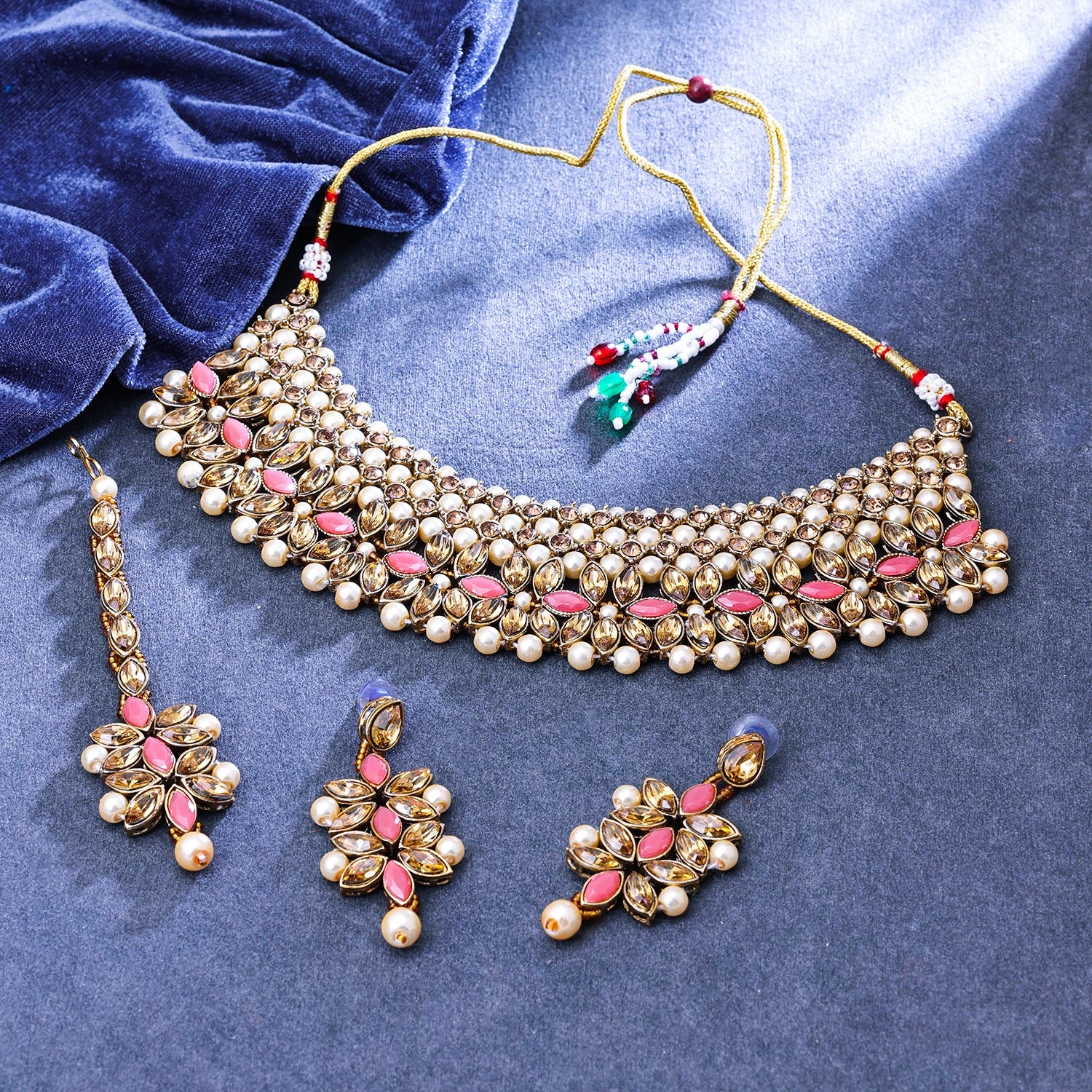 Sukkhi Delightful Gold Plated Reverse AD & Pearl Peach Necklace Set for Women