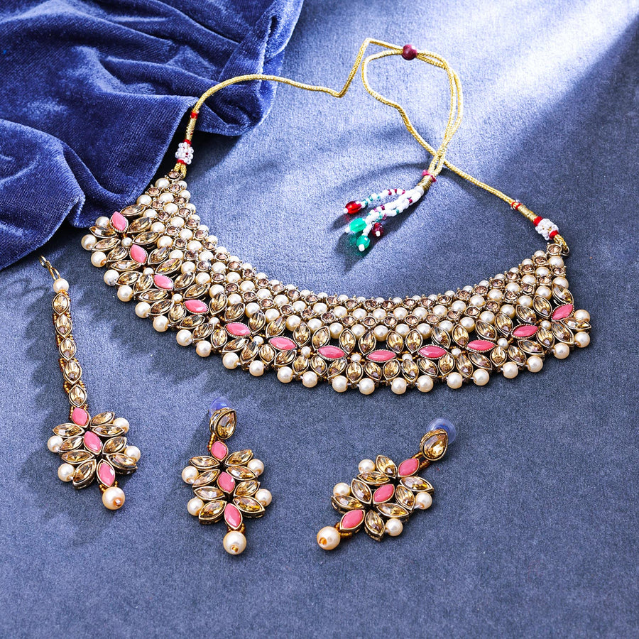 Sukkhi Delightful Gold Plated Reverse AD & Pearl Peach Necklace Set for Women
