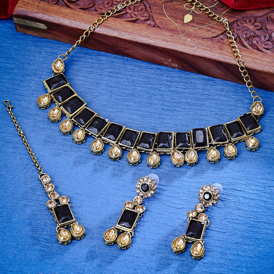 Sukkhi Elegant Gold Plated Reverse AD & Pearl Black Necklace Set for Women