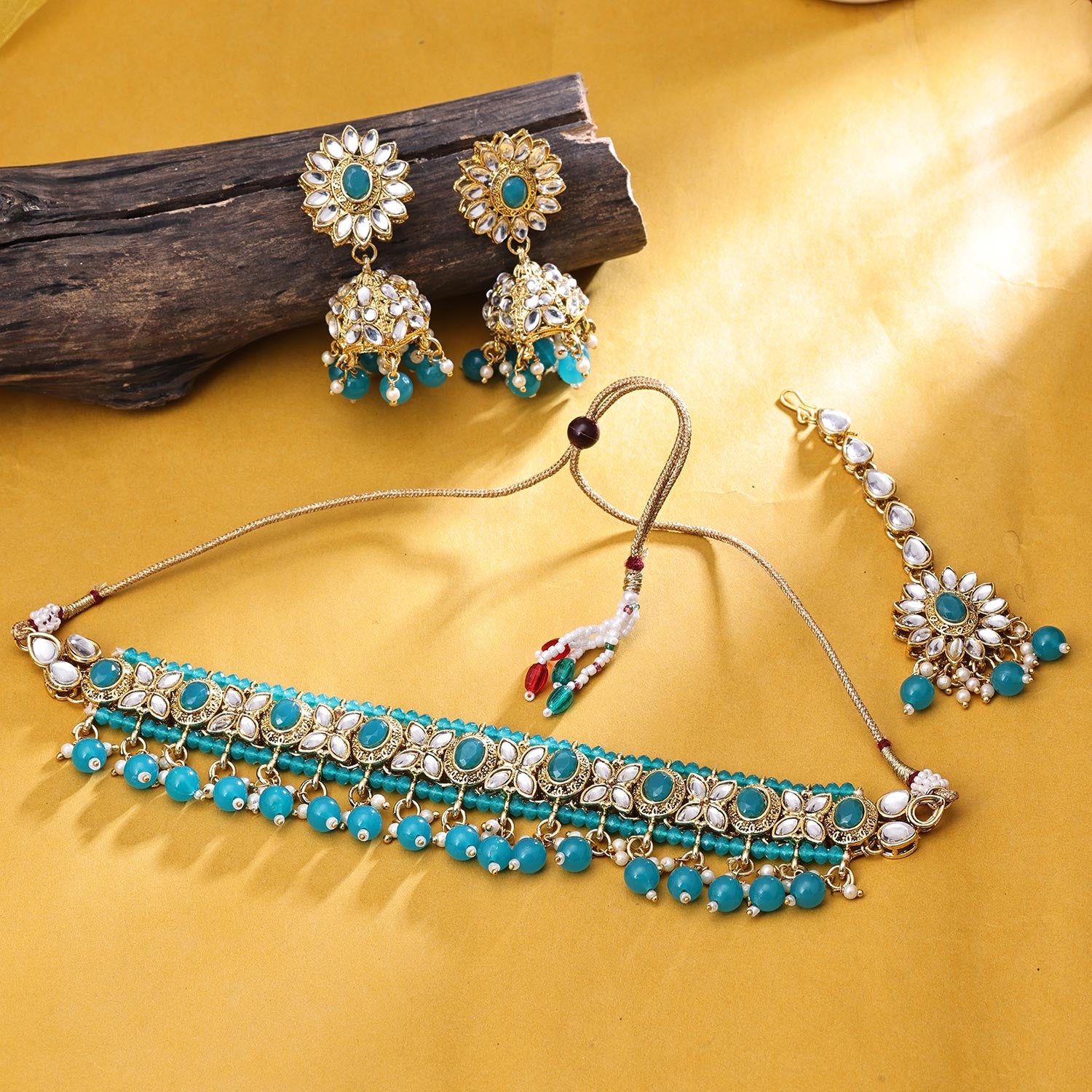 Sukkhi Classic Gold Plated Kundan & Pearl Green Necklace Set for Women