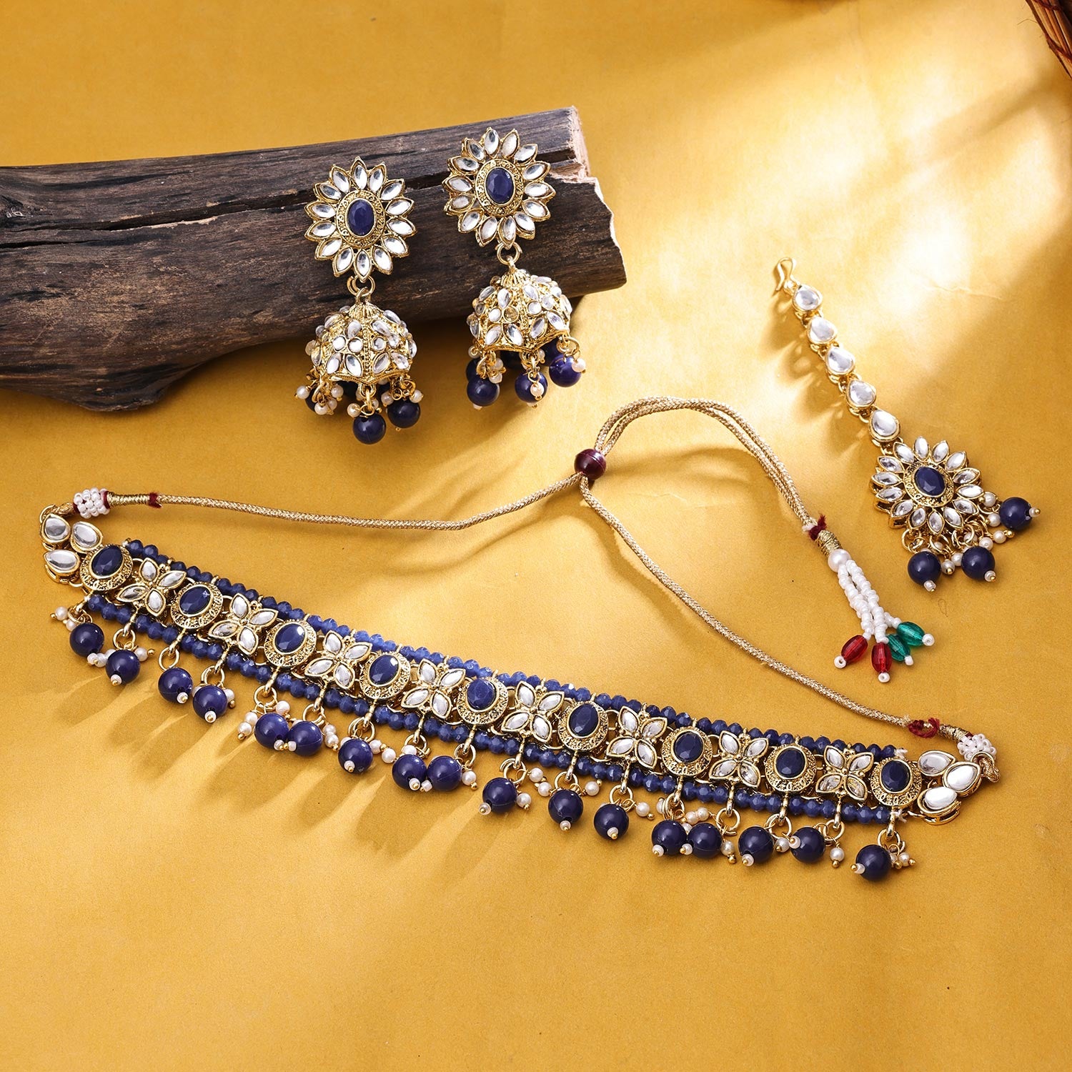 Sukkhi Glemaing Gold Plated Kundan & Pearl Navy Blue Necklace Set for Women