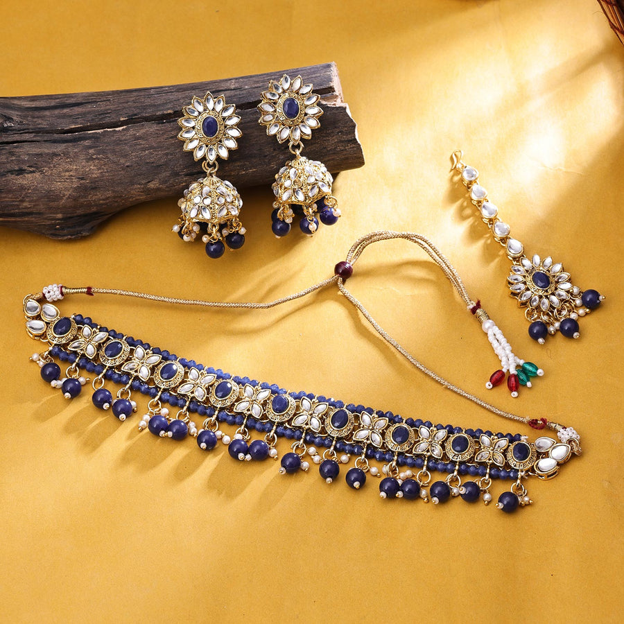 Sukkhi Glemaing Gold Plated Kundan & Pearl Navy Blue Necklace Set for Women