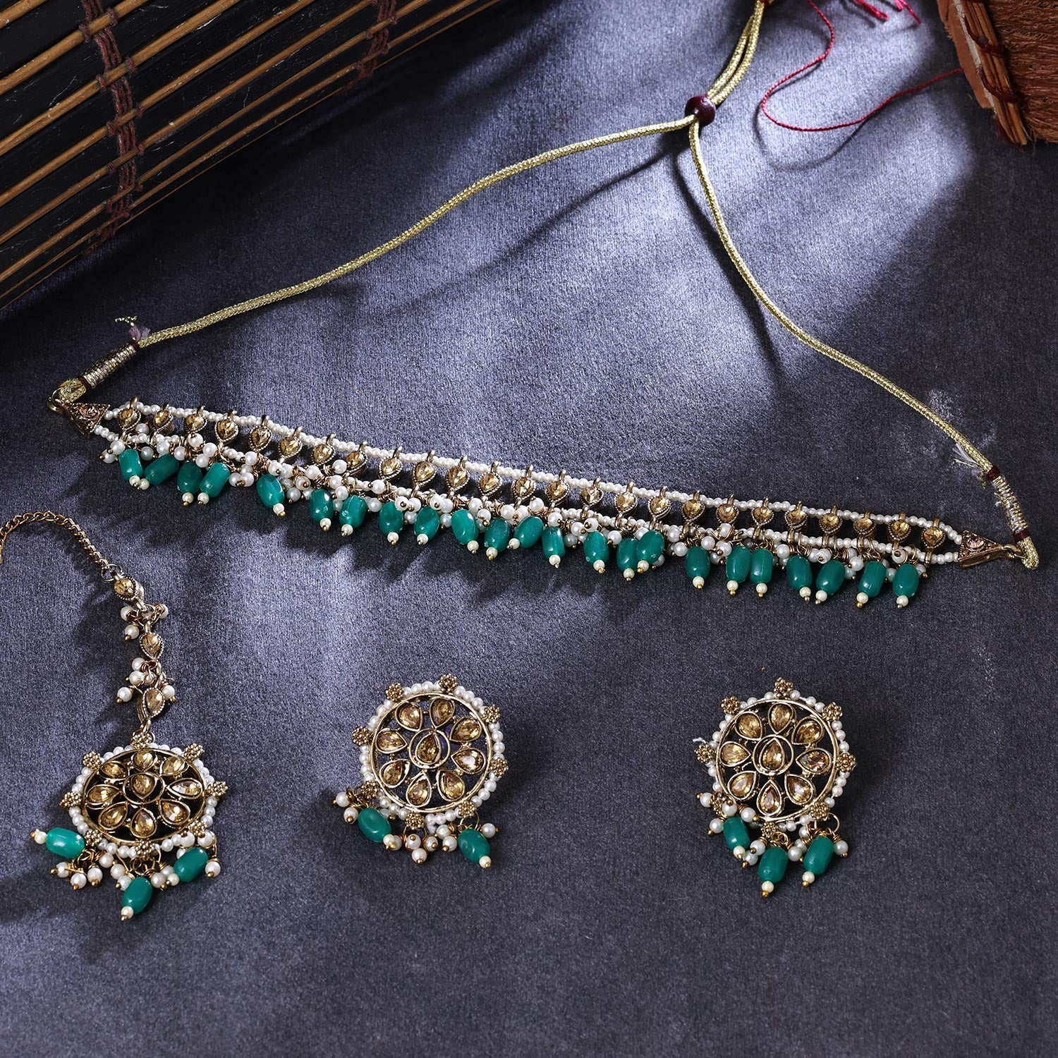 Sukkhi Traditional Gold Plated Reverse AD & Pearl Green Necklace Set for Women