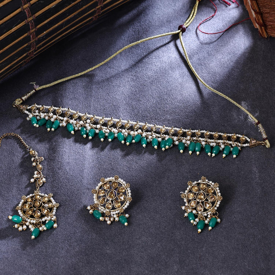 Sukkhi Traditional Gold Plated Reverse AD & Pearl Green Necklace Set for Women