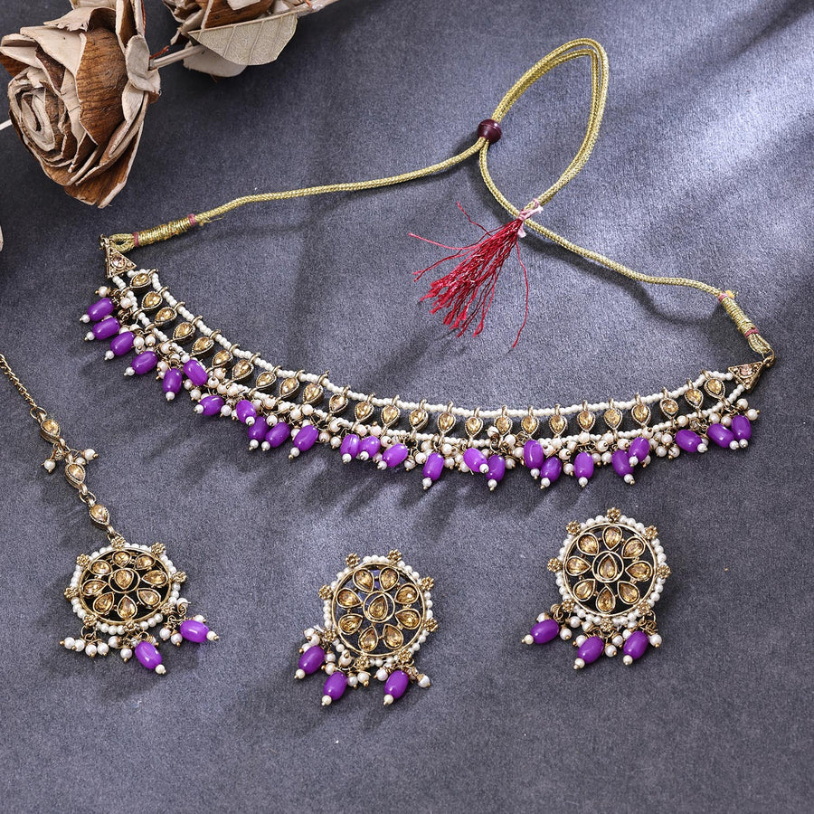 Sukkhi Glorious Gold Plated Reverse AD & Pearl Purple Necklace Set for Women