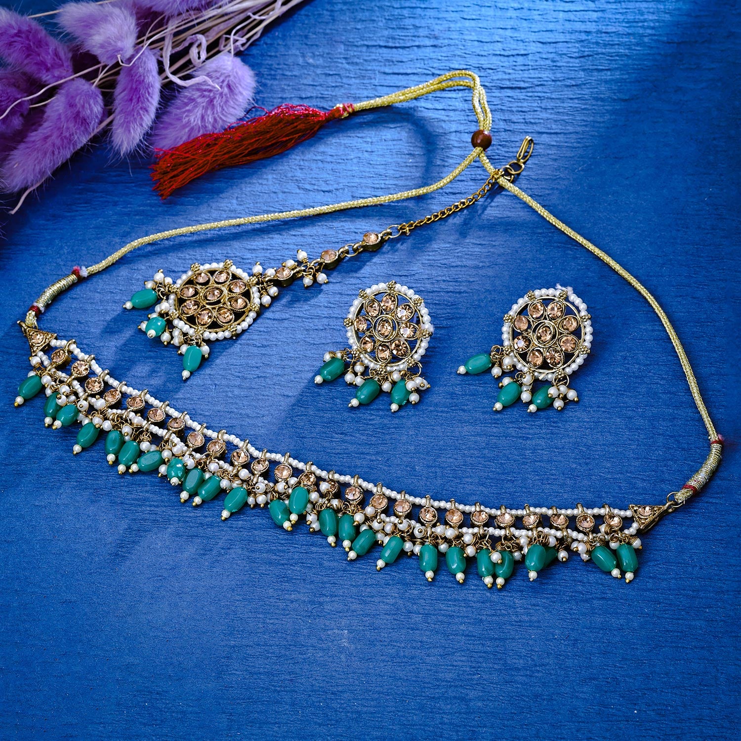 Sukkhi Classy Gold Plated Reverse AD & Pearl Green Necklace Set for Women