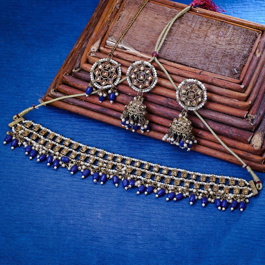 Sukkhi Brilliant Gold Plated Reverse AD & Pearl Navy Blue Necklace Set for Women