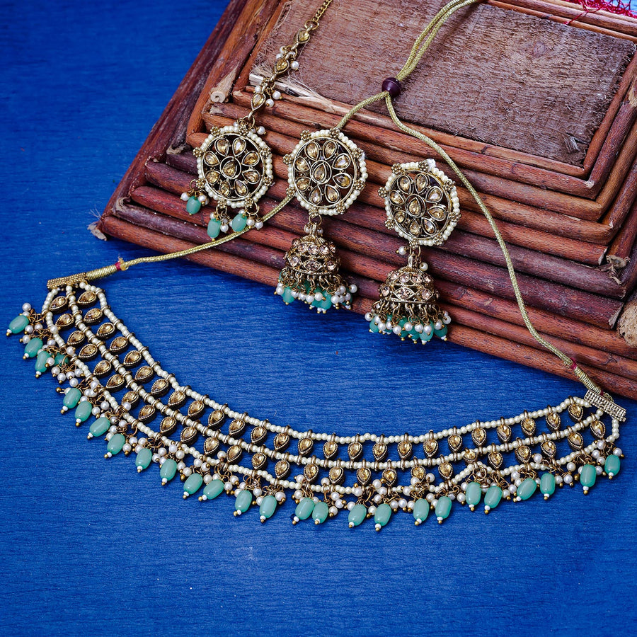 Sukkhi Marvelous Gold Plated Reverse AD & Pearl Green Necklace Set for Women