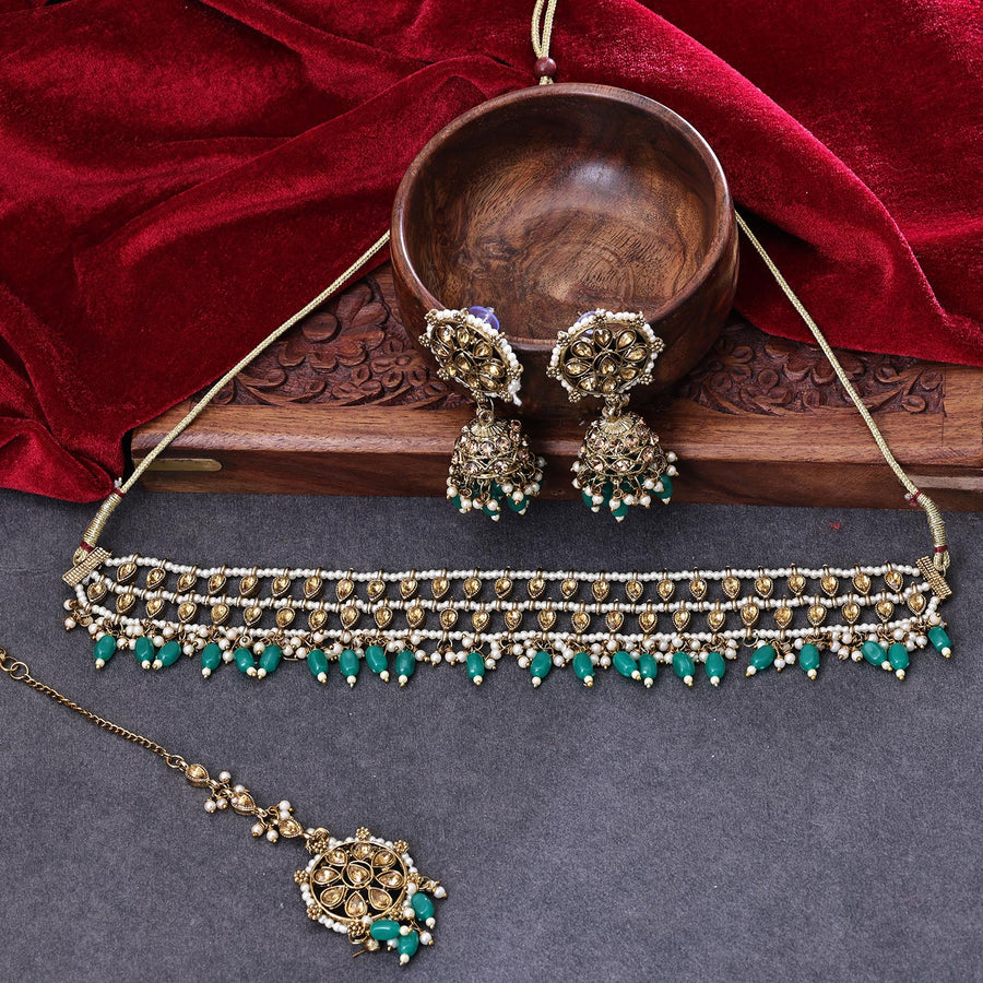 Sukkhi Classy Gold Plated Reverse AD & Pearl Green Necklace Set for Women