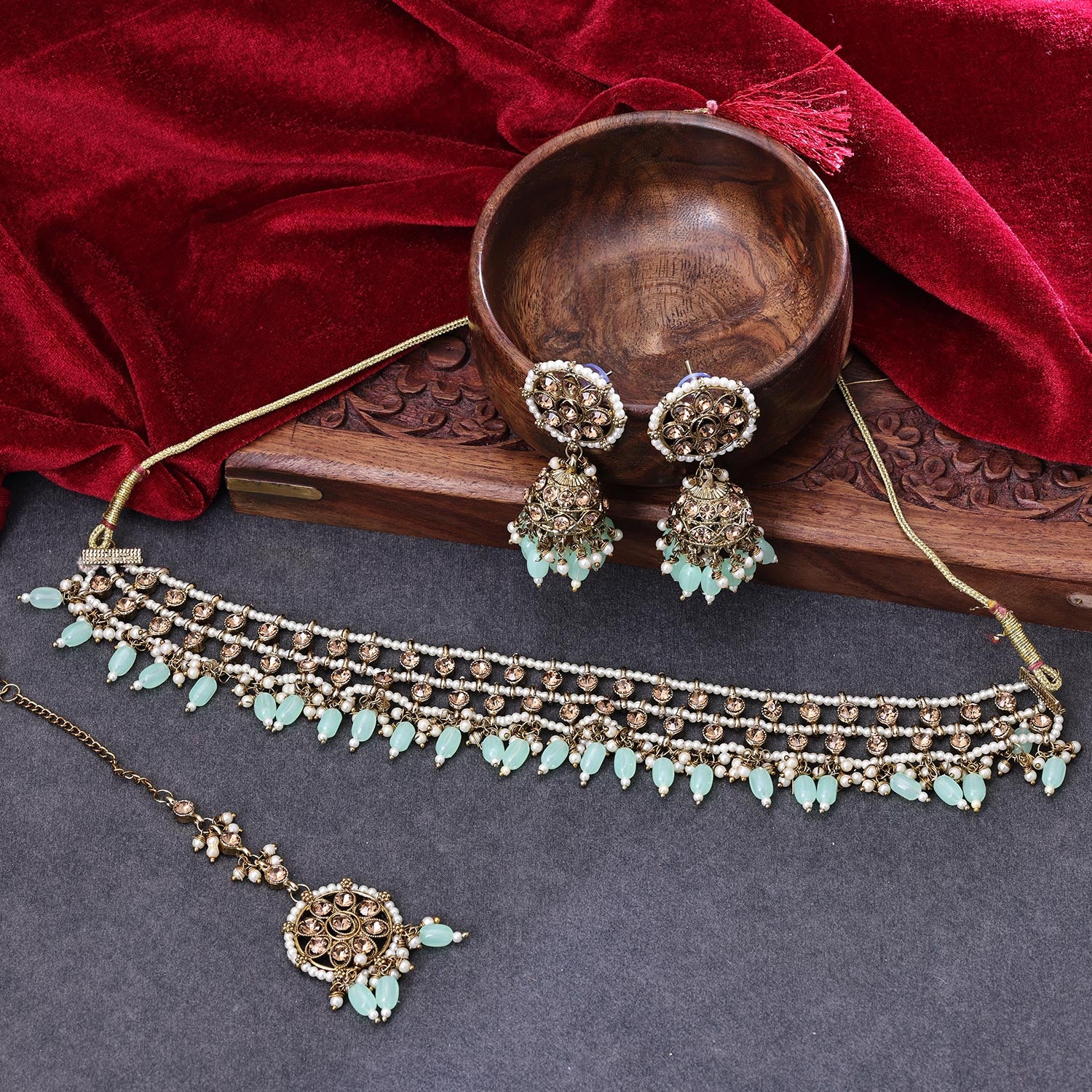 Sukkhi Glorious Gold Plated Reverse AD & Pearl Pista Green Necklace Set for Women