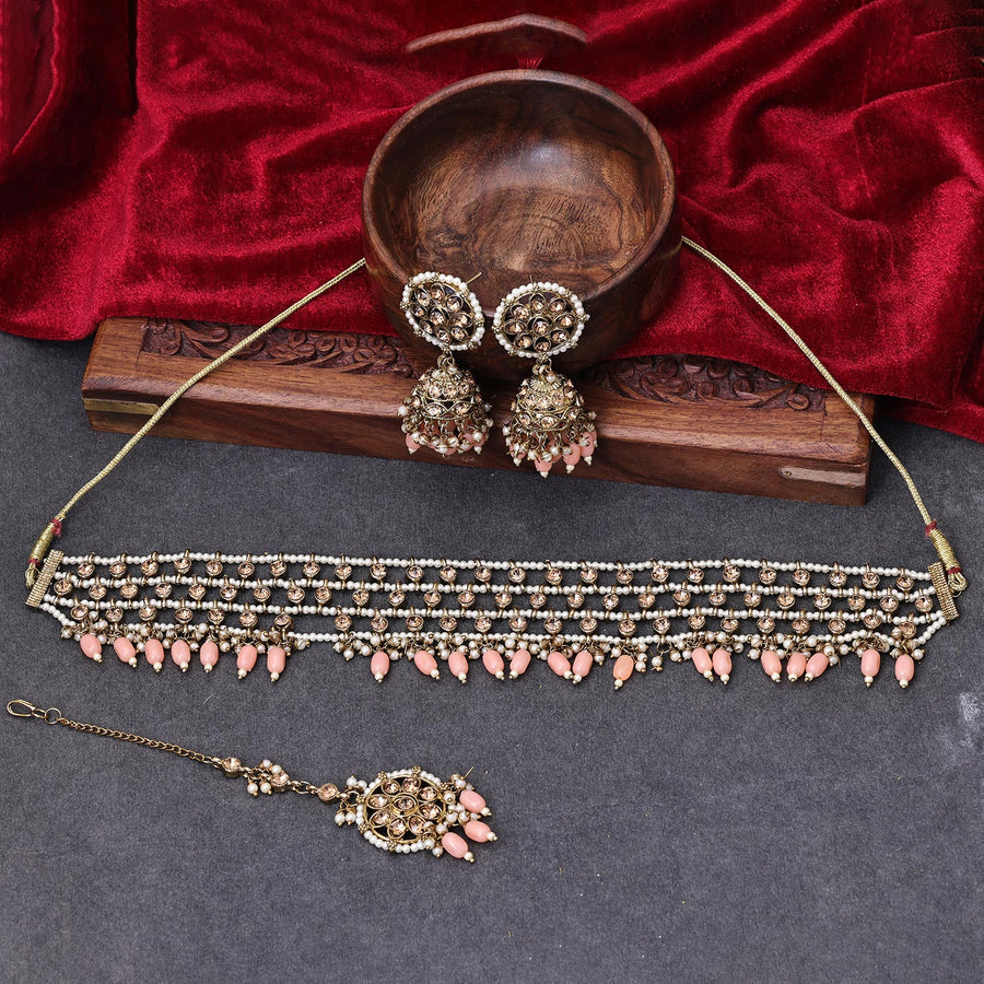 Sukkhi Glorious Gold Plated Reverse AD & Pearl Peach Necklace Set for Women
