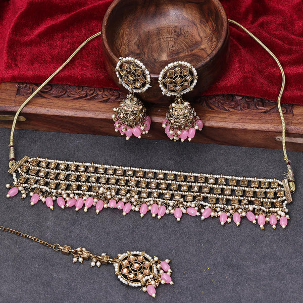 Buy Light Pink Kundan Choker Necklace With Pearls and Earrings Bridal  Jewelry Set for Indian Wedding With Maangtika Handmade Baby Pink Online in  India - Etsy