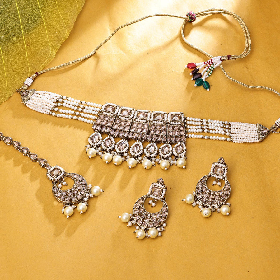 Sukkhi Glorious Gold Plated Reverse AD & Pearl Golden Necklace Set for Women