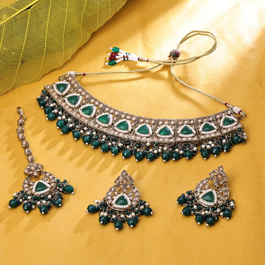 Sukkhi Classy Gold Plated Reverse AD & Pearl Green Necklace Set for Women
