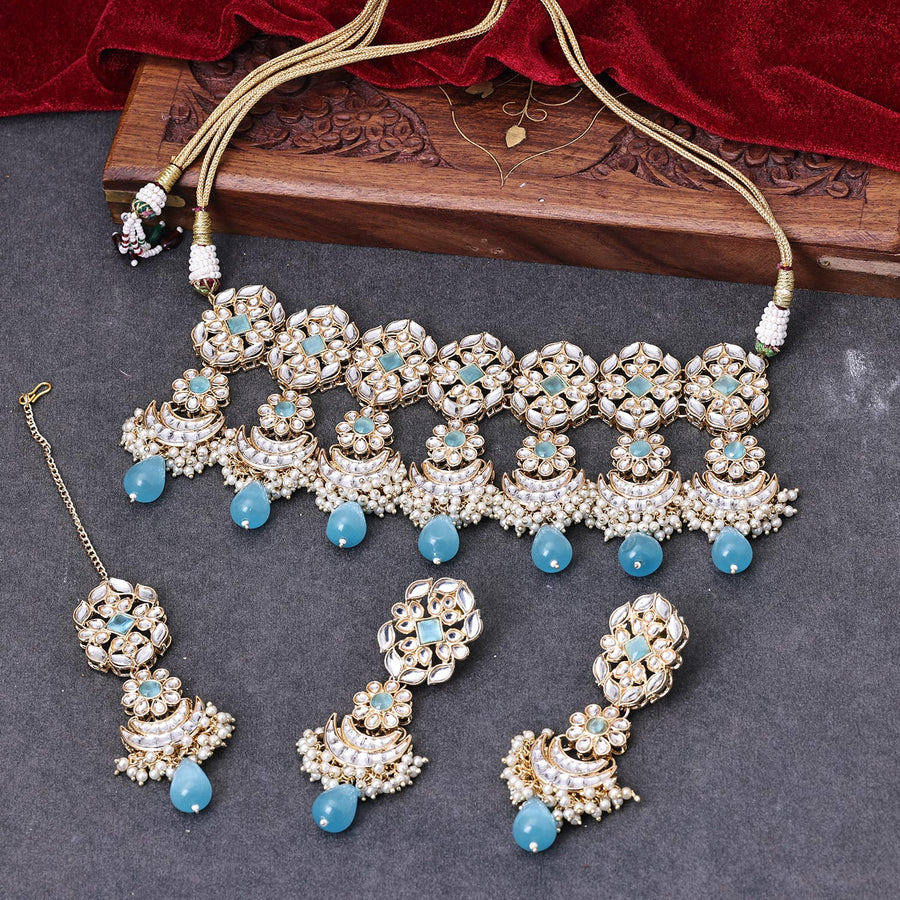 Sukkhi Delightful Gold Plated Kundan & Pearl Aqua Necklace Set for Women