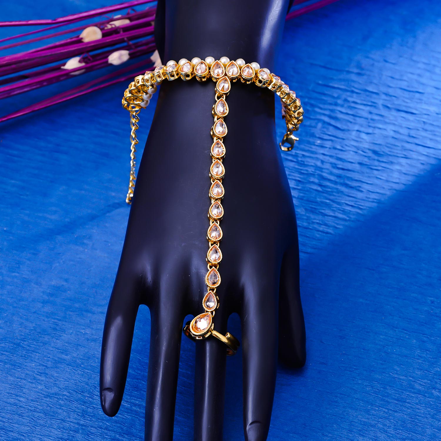 Sukkhi Fancy Gold Plated Kundan & Pearl Golden Haath Panja for Women