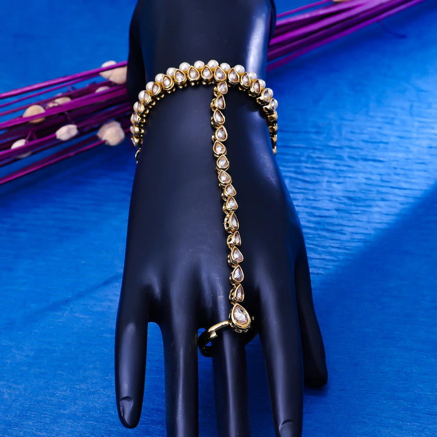 Sukkhi Delightful Gold Plated Kundan & Pearl Golden Haath Panja for Women