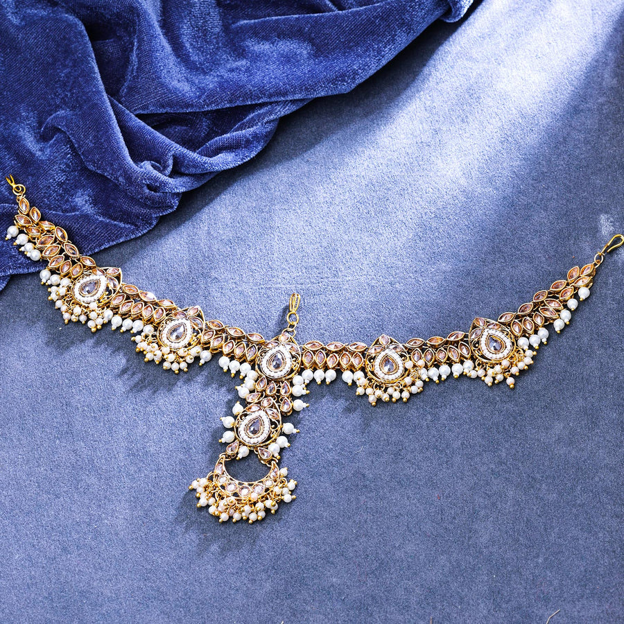 Sukkhi Brilliant Gold Plated Reverse AD & Pearl Golden Matha Patti for Women