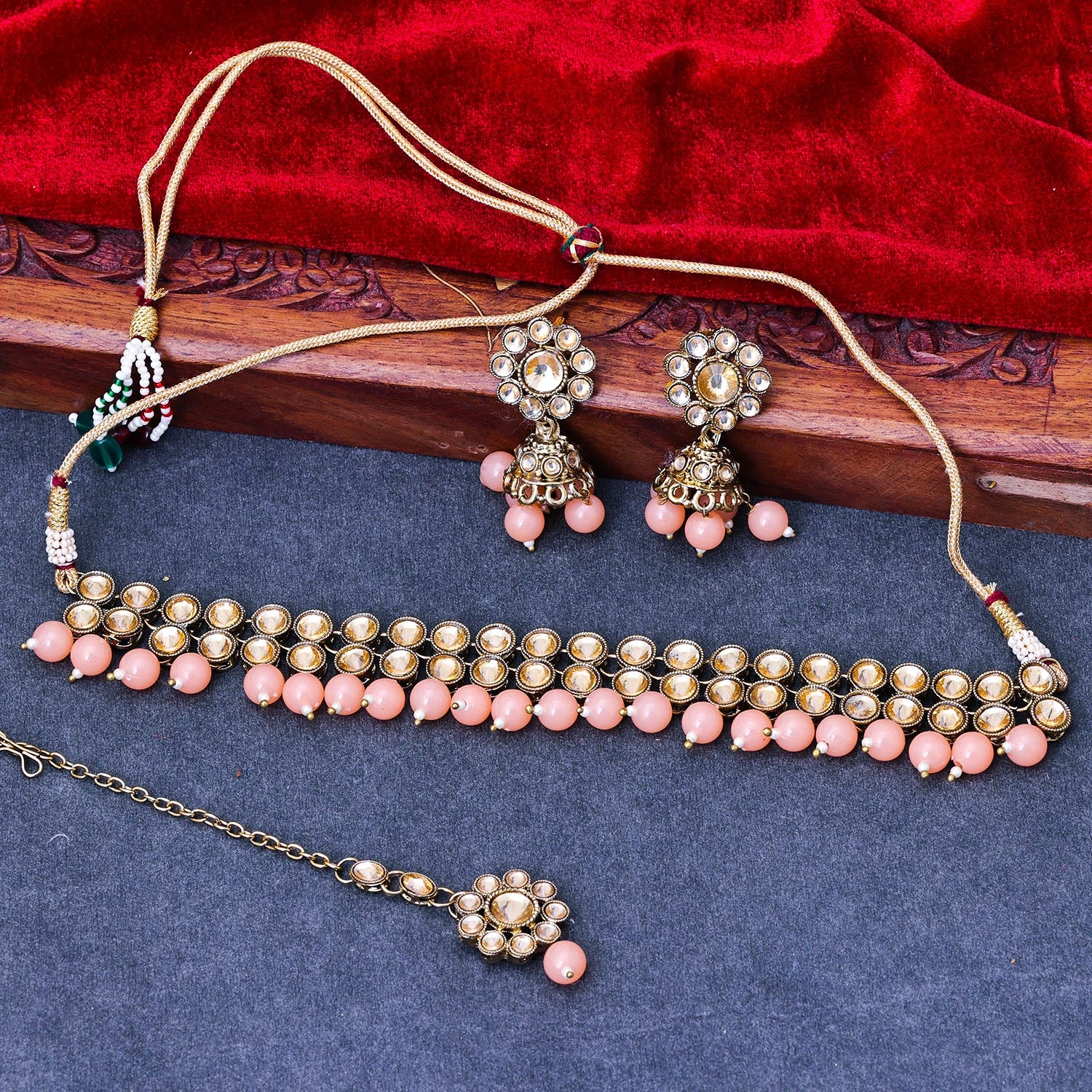 Sukkhi Delicate Gold Plated Reverse AD & Pearl Peach Necklace Set for Women