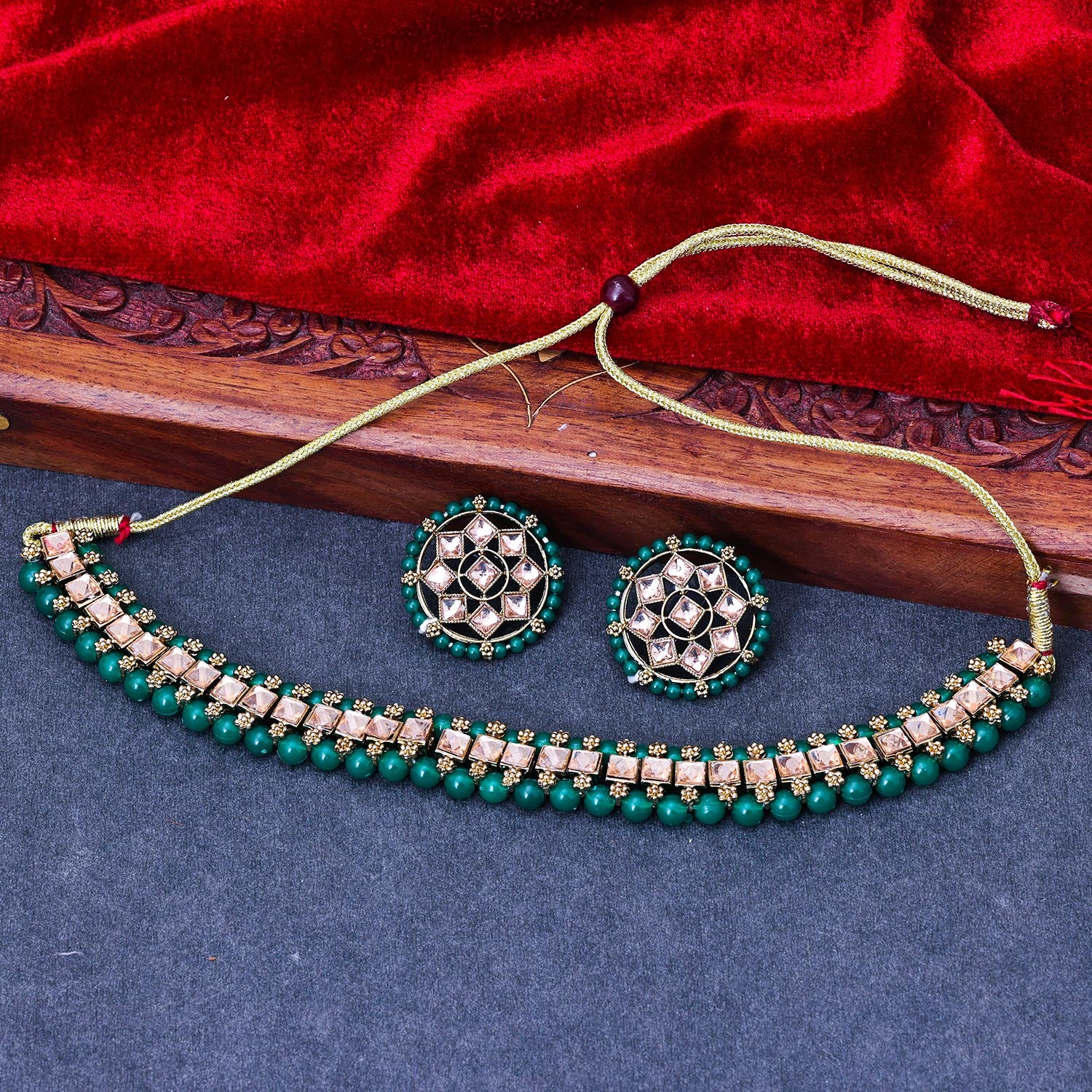 Sukkhi Designer Gold Plated Reverse AD & Pearl Green Necklace Set for Women