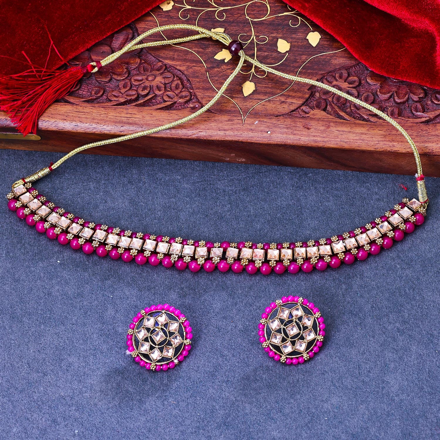 Sukkhi Modern Gold Plated Reverse AD & Pearl Pink Necklace Set for Women