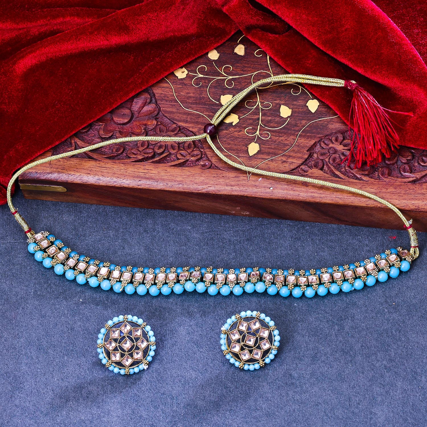 Sukkhi Delightful Gold Plated Reverse AD & Pearl Aqua Necklace Set for Women
