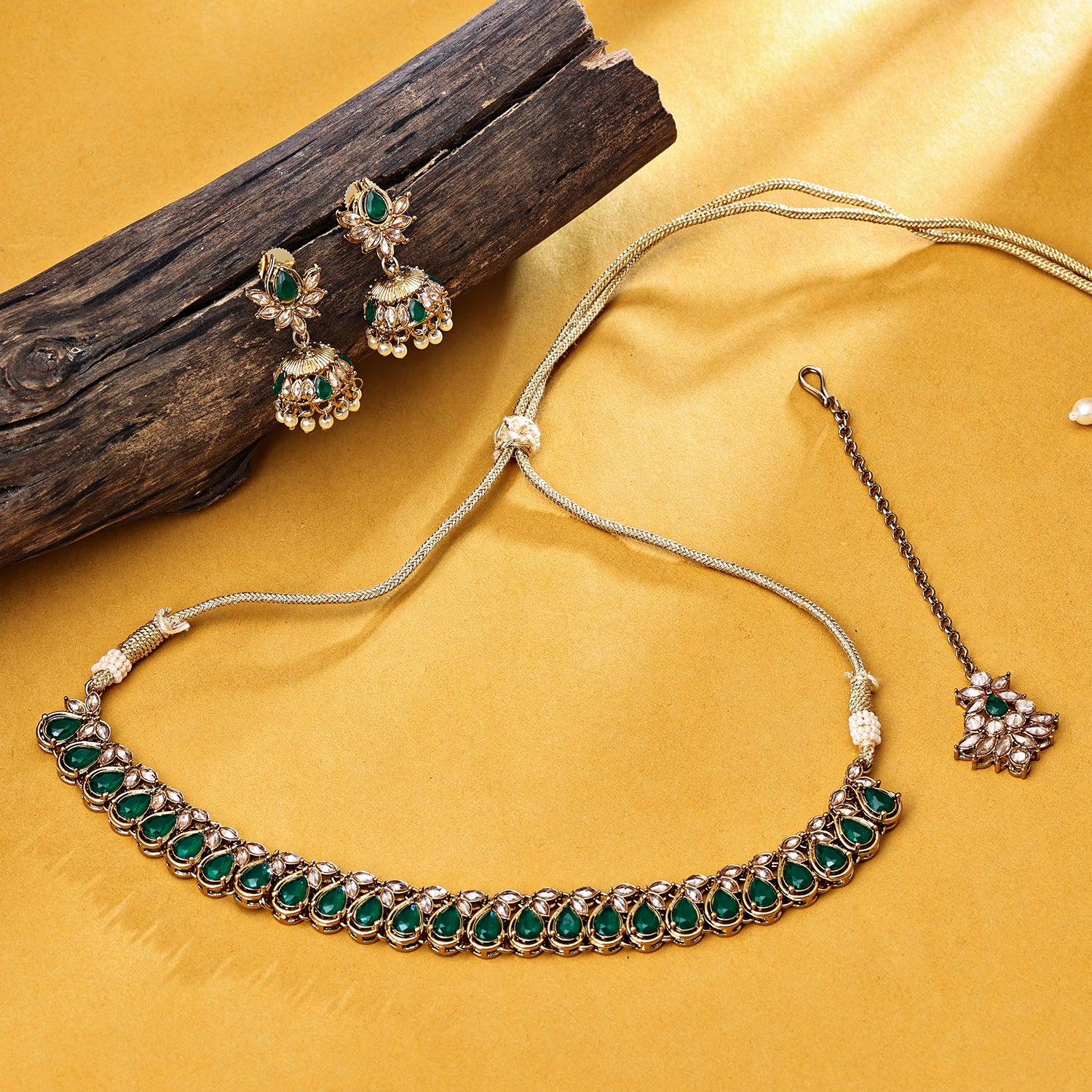 Sukkhi Gold Plated Green Reverse AD & Pearl Choker Necklace Set for Women
