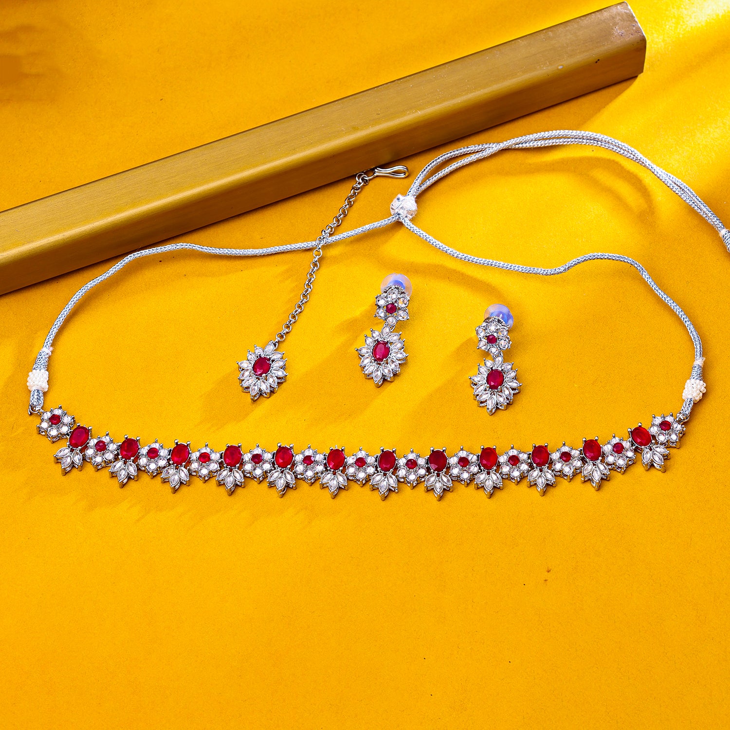Sukkhi Rhodium Plated Red Reverse AD & Pearl Choker Necklace Set for Women