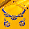 Sukkhi Gold Plated Blue Reverse AD & Pearl Choker Necklace Set for Women