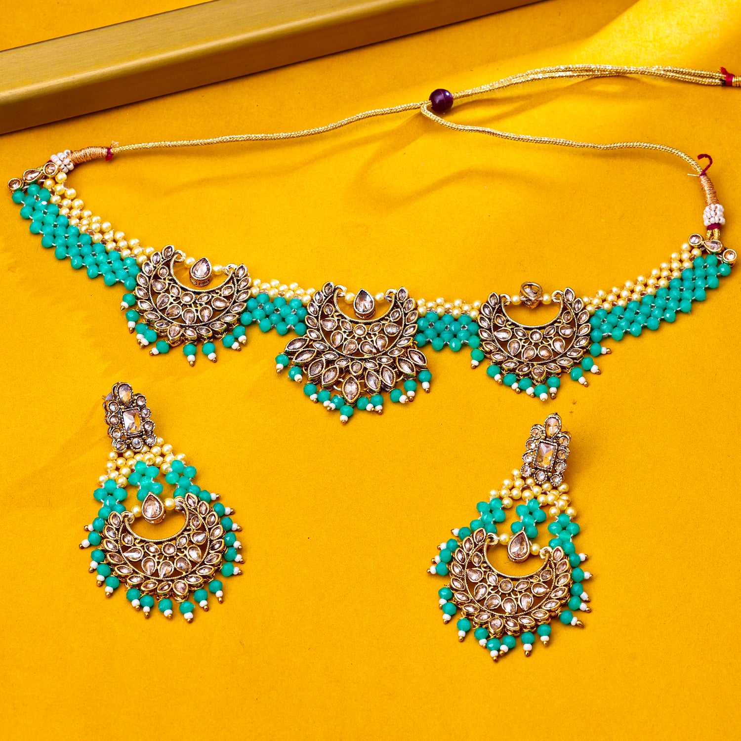 Sukkhi Gold Plated Green Reverse AD & Pearl Choker Necklace Set for Women