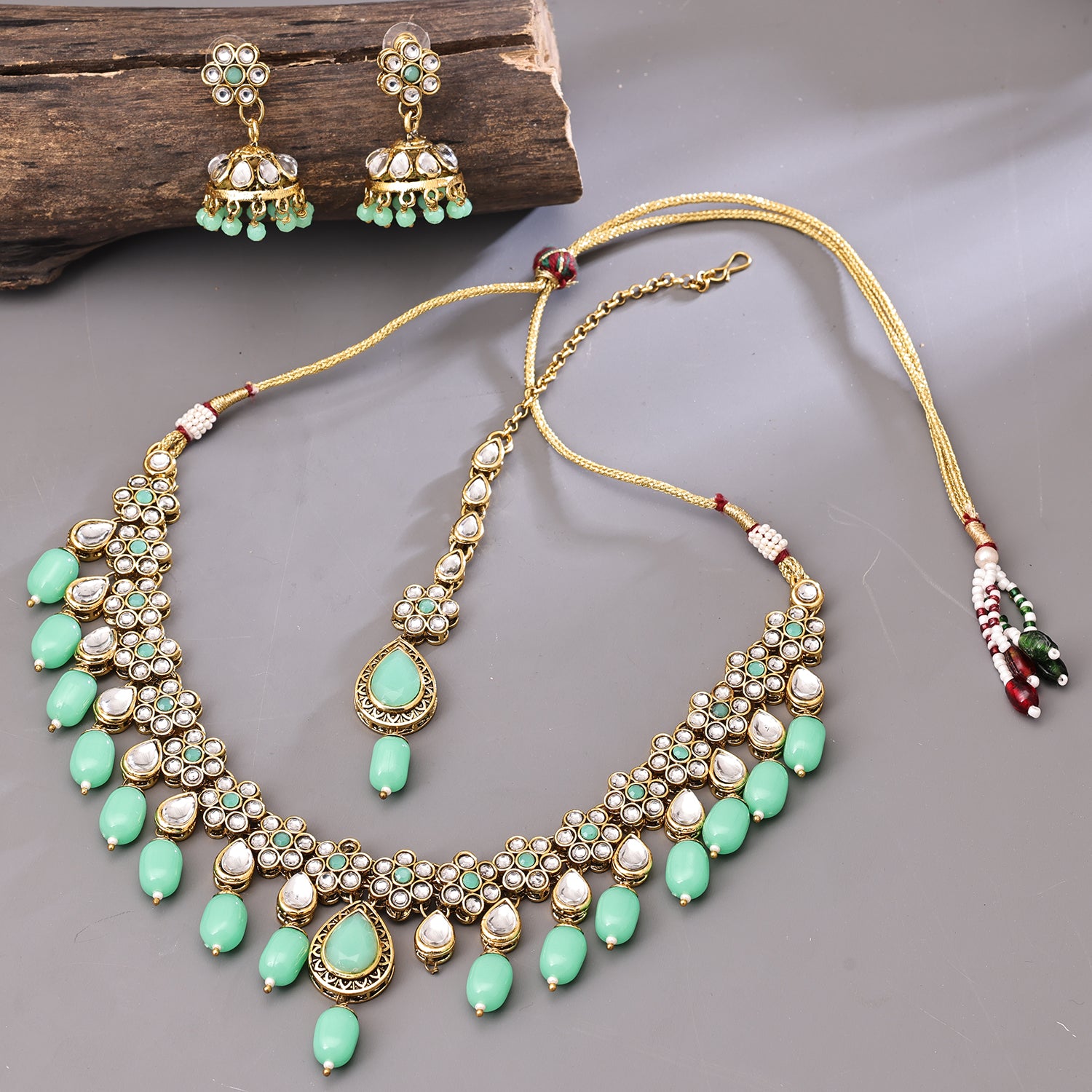 Sukkhi Gold Plated Green Kundan & Pearl Choker Necklace Set for Women