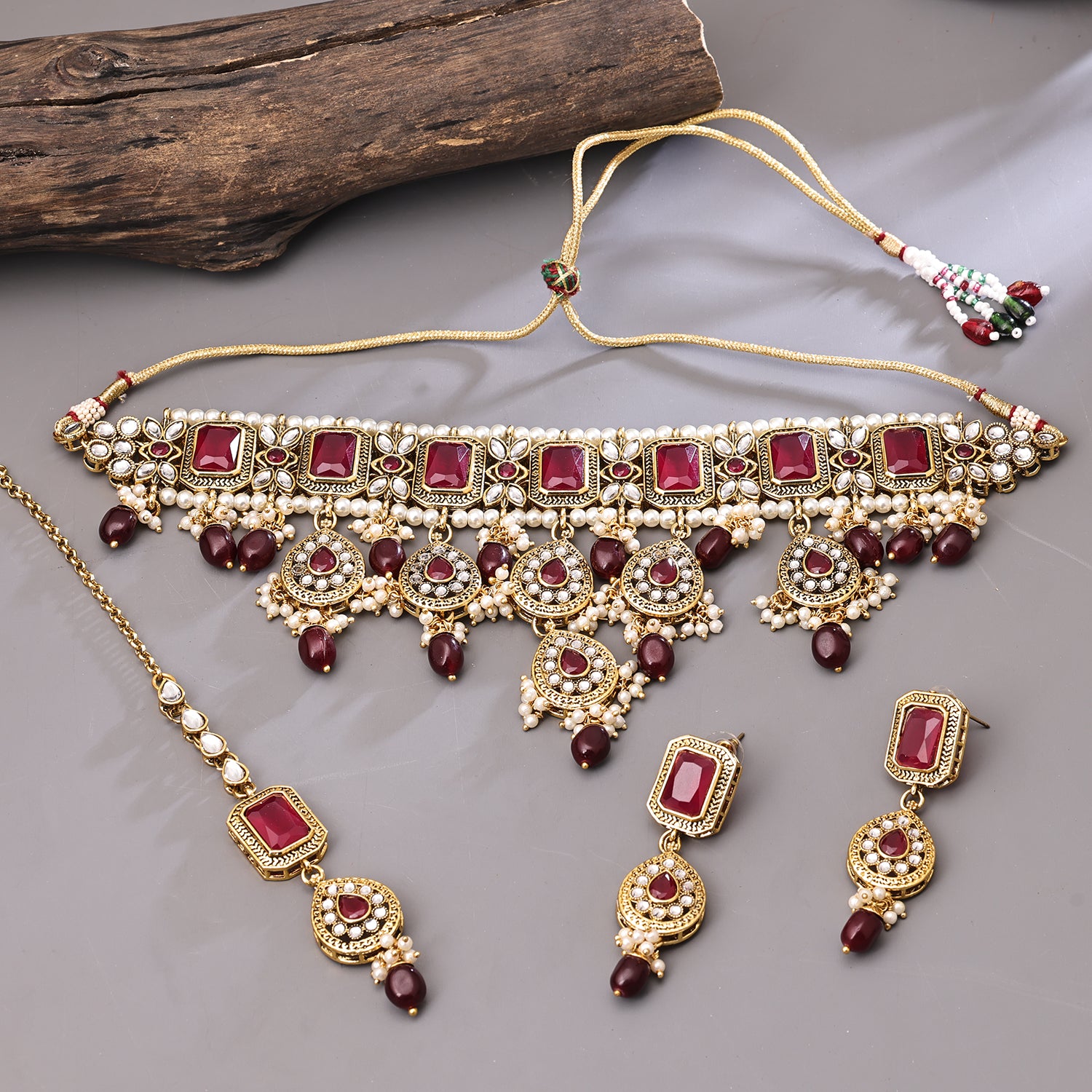 Sukkhi Gold Plated Maroon Kundan Pearl Choker Necklace Set for