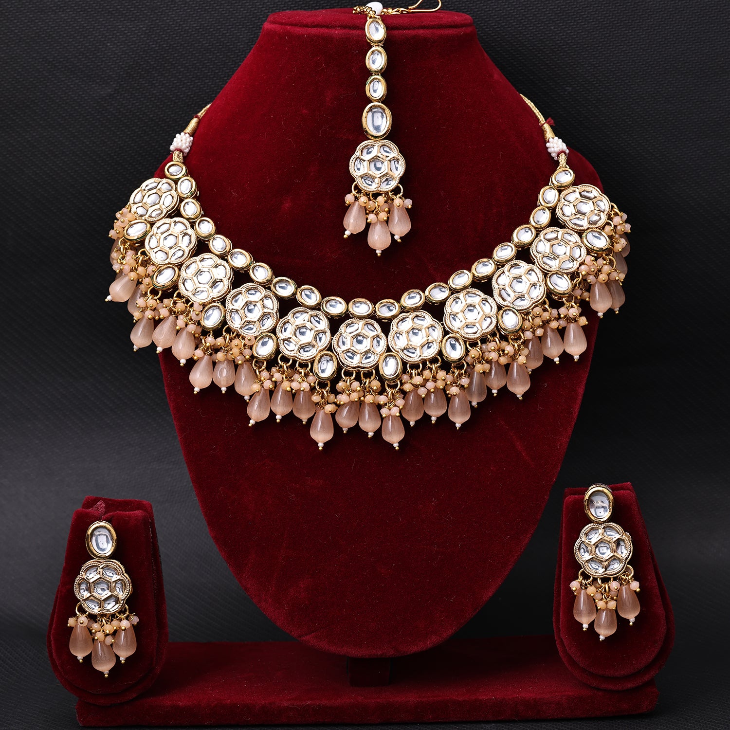 Sukkhi Gold Plated Peach Kundan & Pearl Choker Necklace Set for Women