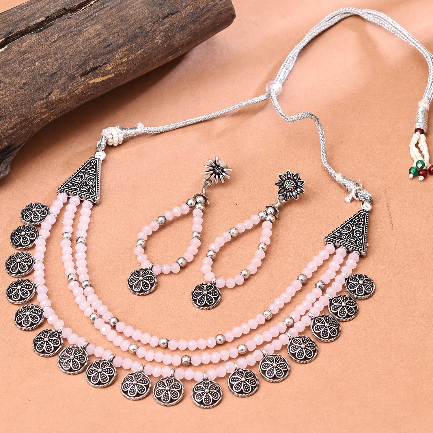 Sukkhi Oxidised Pink Pearl Choker Necklace Set for Women
