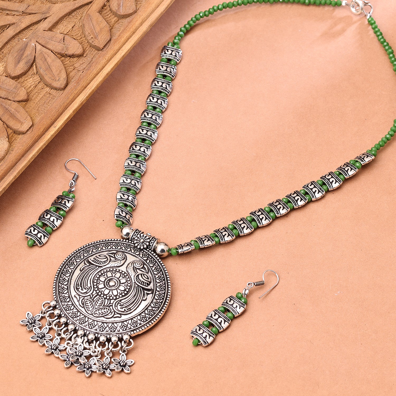 Sukkhi Oxidised Green Pearl Choker Necklace Set for Women