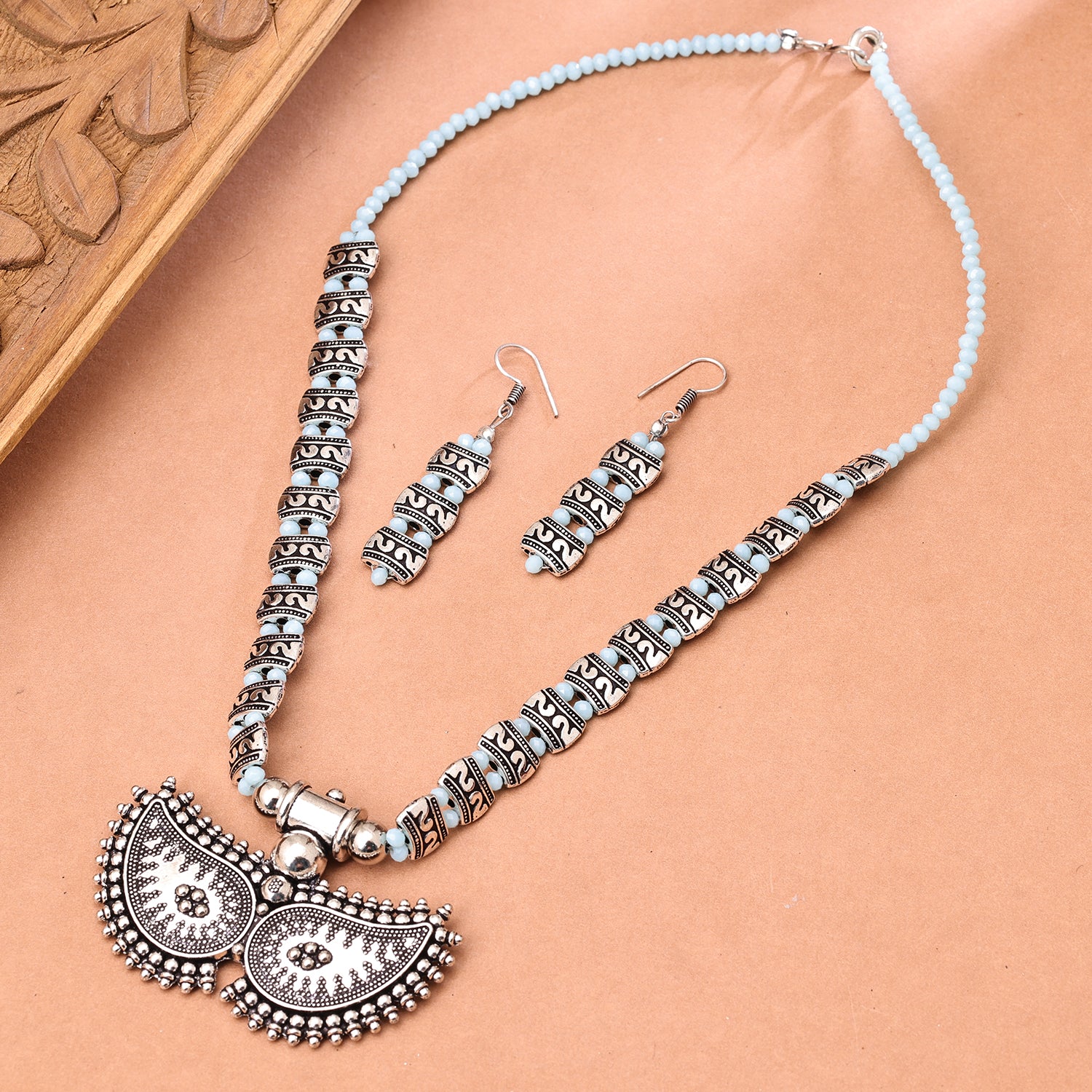 Sukkhi Oxidised Aqua Pearl Choker Necklace Set for Women
