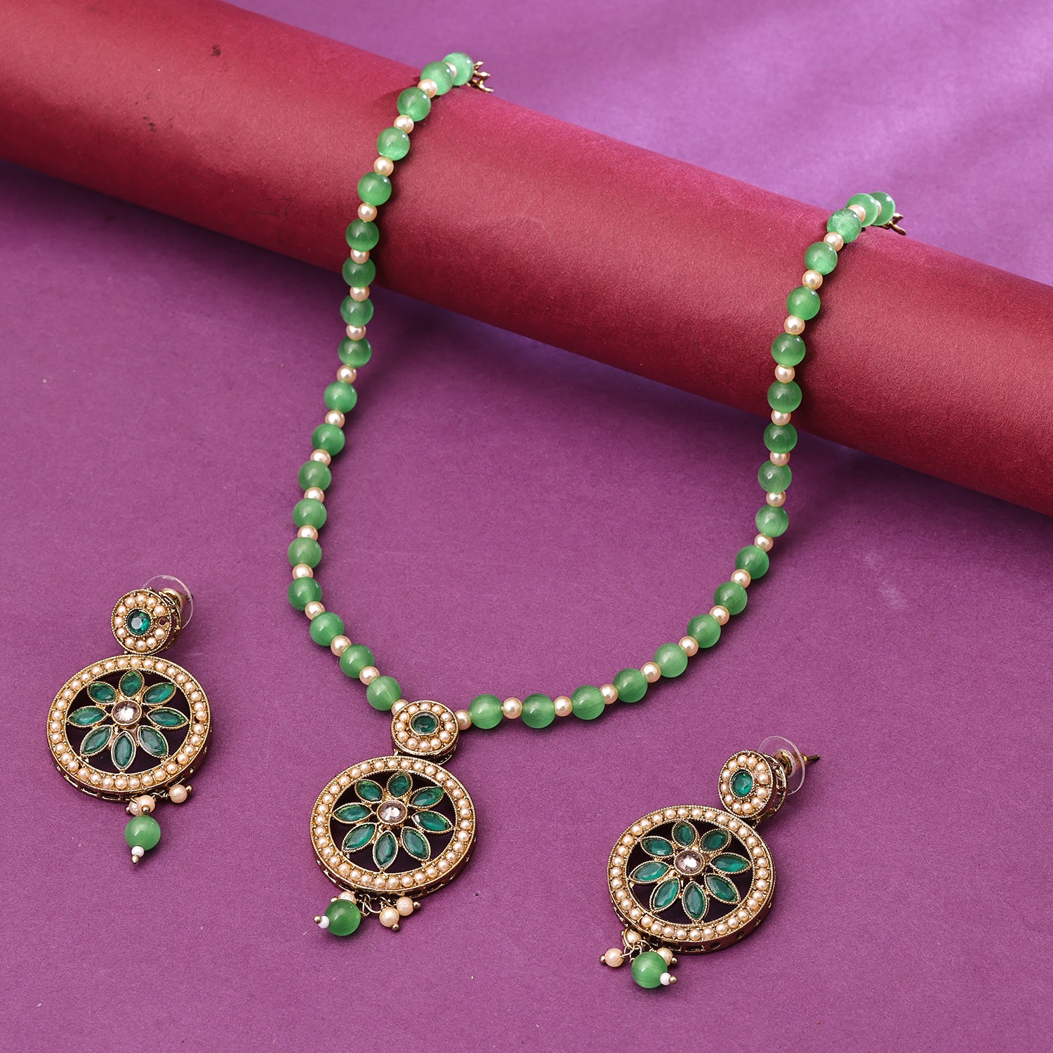 Sukkhi Gold Plated Green Pearl Necklace Set for Women