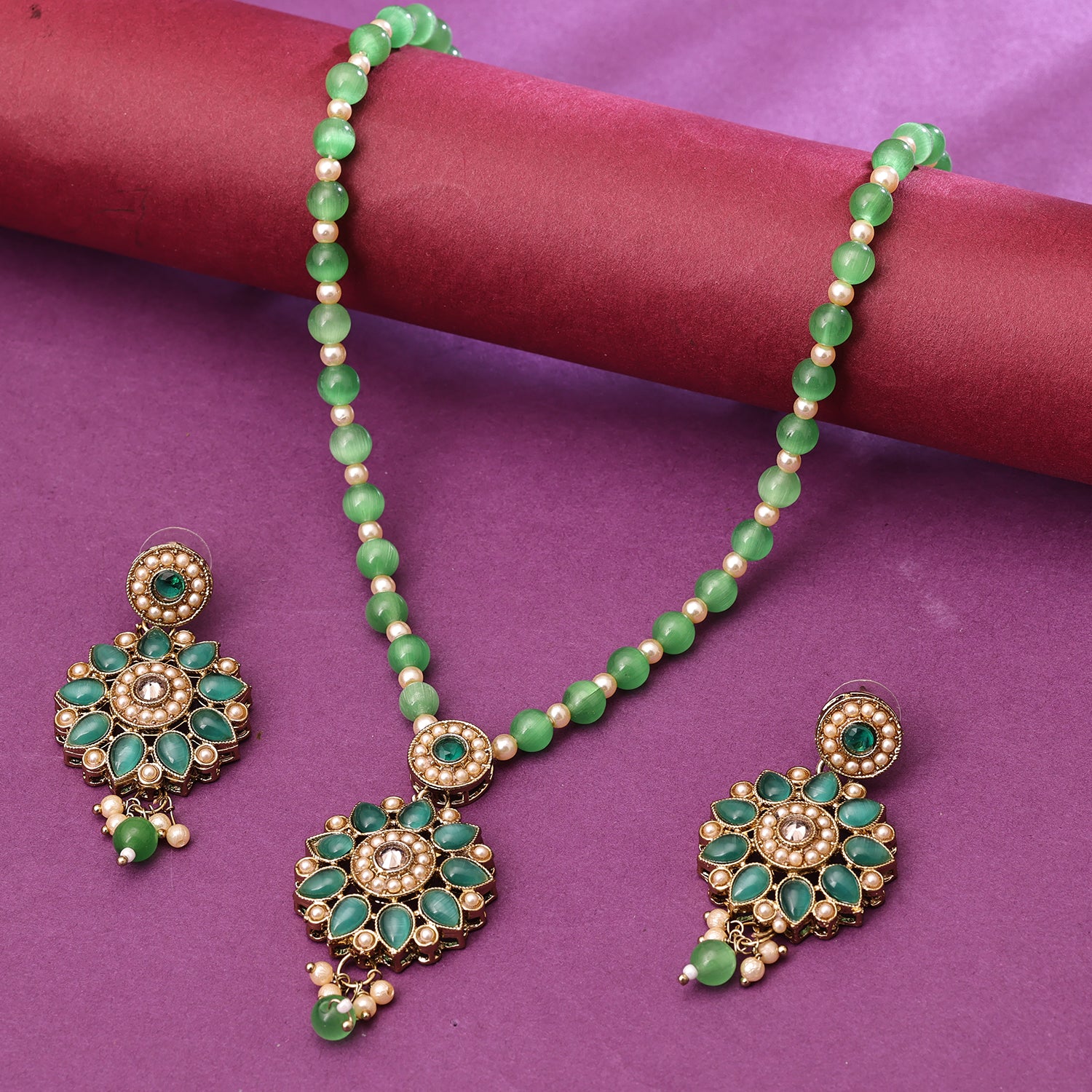 Bridal Emerald Green Kundan Long Necklace Set – Curio Cottage