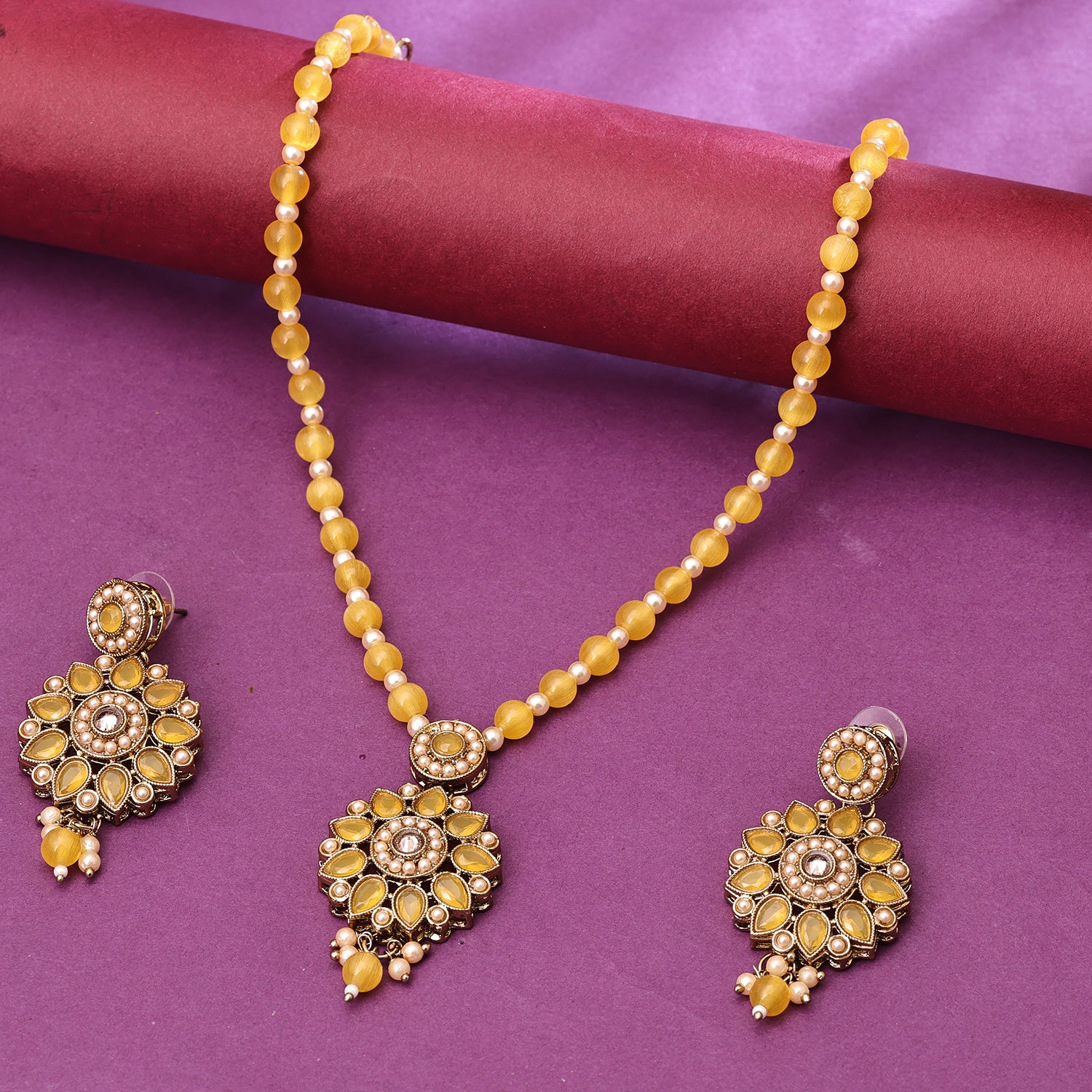 Sukkhi Gold Plated Yellow Pearl Necklace Set for Women